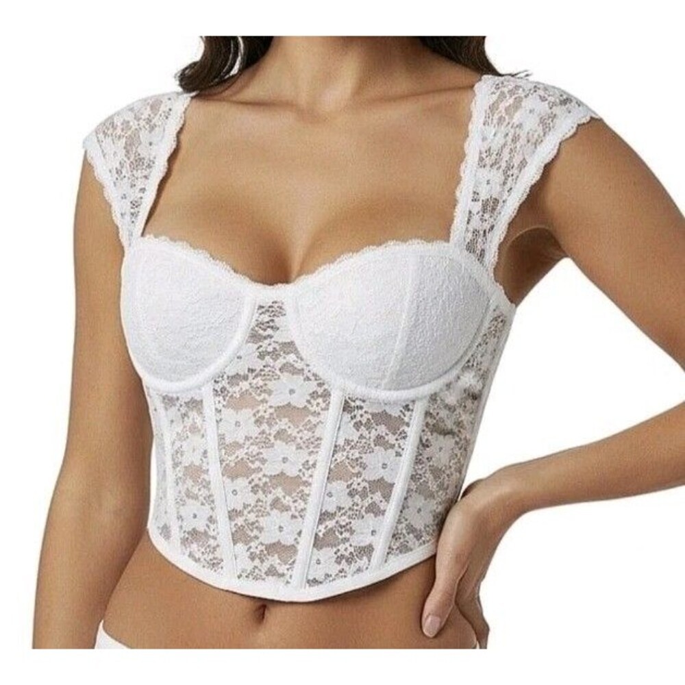 Whimsy Sheer Lace Corset Top Large Underwire White Coquette Zipper Festival New